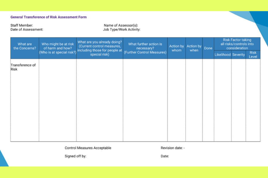 Transference of Risk Assessment form