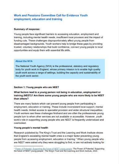 DWP Select Committee inquiry  into Youth Employment, Education and Training